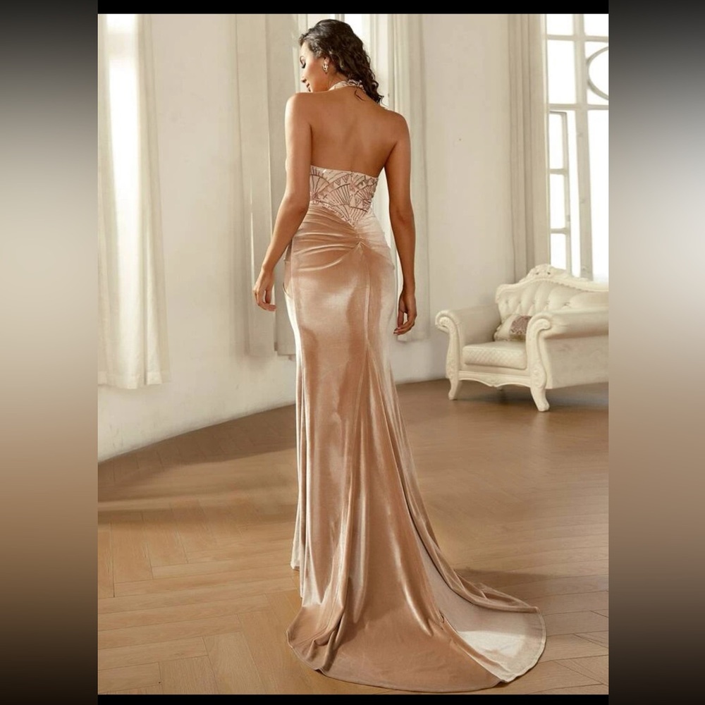 Tan Contrast Sequin Backless Ruched Front Mermaid Hem Velvet Dress